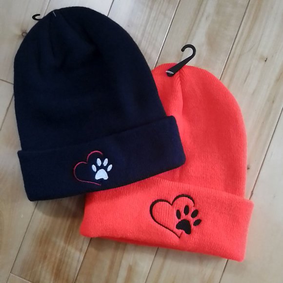 Dog paw & heart beanies - 2 adult sizes embroidered hats - Picture 1 of 4